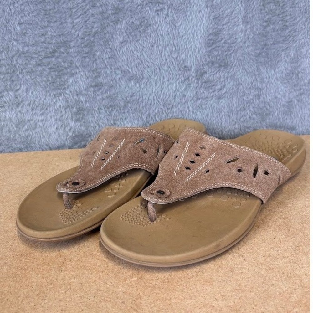 Sole Comfort Womens Brown Leather Thong Sandals Laser Cut Flip Flops Size 9